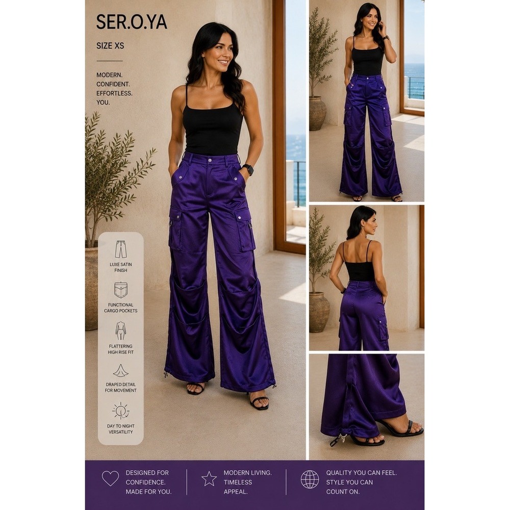 SER.O.YA Women's Size XS Lai Satin Cargo Pant Purple Violet Wide Leg‎ NWT $295